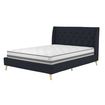 Full size Navy Blue Linen Upholstered Mid-Century Modern Wingback Platform Bed - Deals Kiosk
