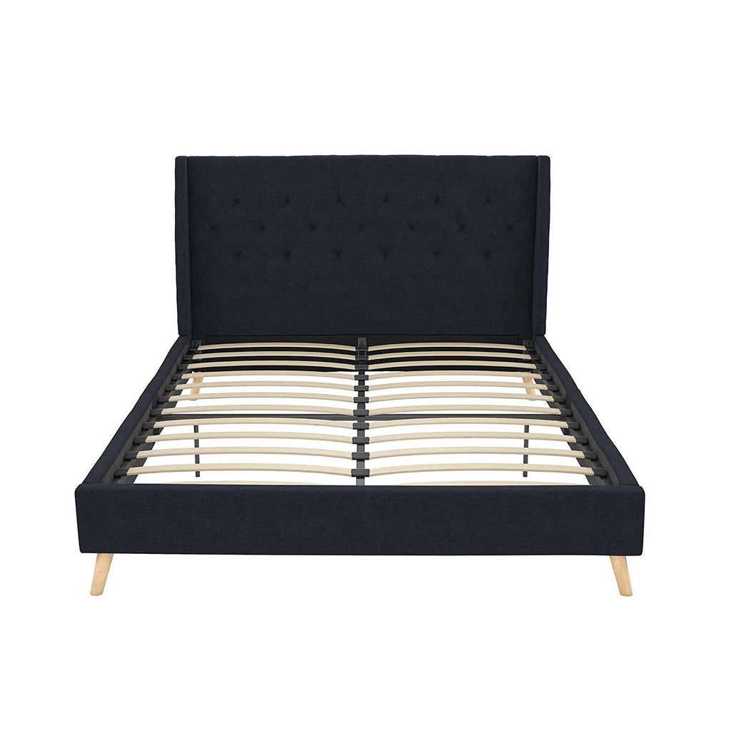 Full size Navy Blue Linen Upholstered Mid-Century Modern Wingback Platform Bed - Deals Kiosk