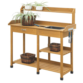 Outdoor Garden Wood Potting Bench Work Table with Sink in Light Oak Finish - Deals Kiosk
