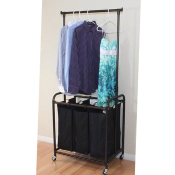 Bronze Black 3-Bag Laundry Sorter Hamper with Adjustable Clothes Hanging Bar - Deals Kiosk
