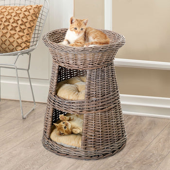 Eco Friendly 3 Tier Round Rattan Wicker Elevated Cat Condo Bed Beige - Deals Kiosk