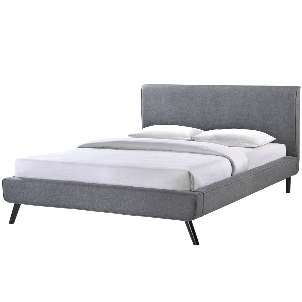 Queen size Mid-Century Platform Bed Frame with Gray Upholstered Headboard - Deals Kiosk