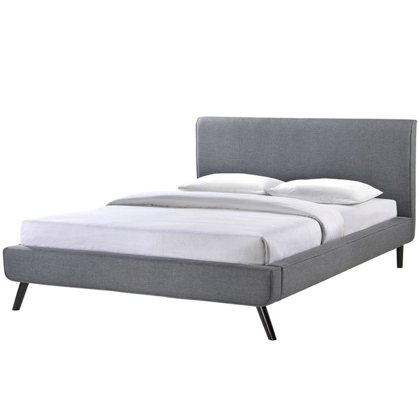 Queen size Mid-Century Platform Bed Frame with Gray Upholstered Headboard - Deals Kiosk