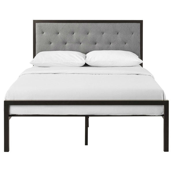 Queen size Contemporary Metal Platform Bed with Grey Upholstered Headboard - Deals Kiosk