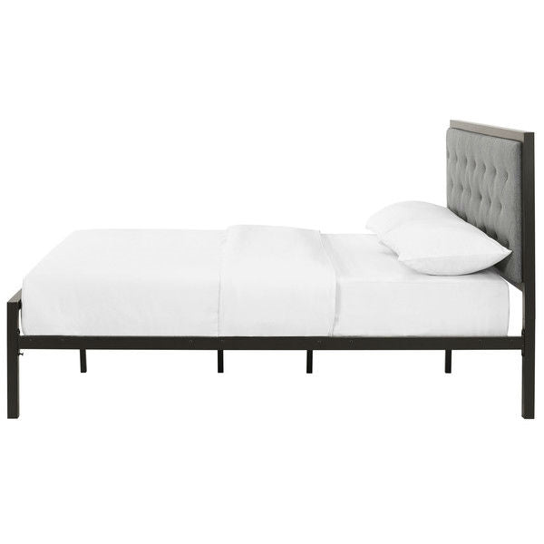 Queen size Contemporary Metal Platform Bed with Grey Upholstered Headboard - Deals Kiosk