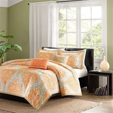 Queen size 5-Piece Orange Damask Print Comforter Set - Deals Kiosk