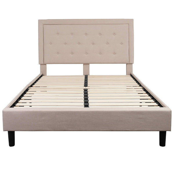 Queen Beige Upholstered Platform Bed Frame with Button Tufted Headboard - Deals Kiosk