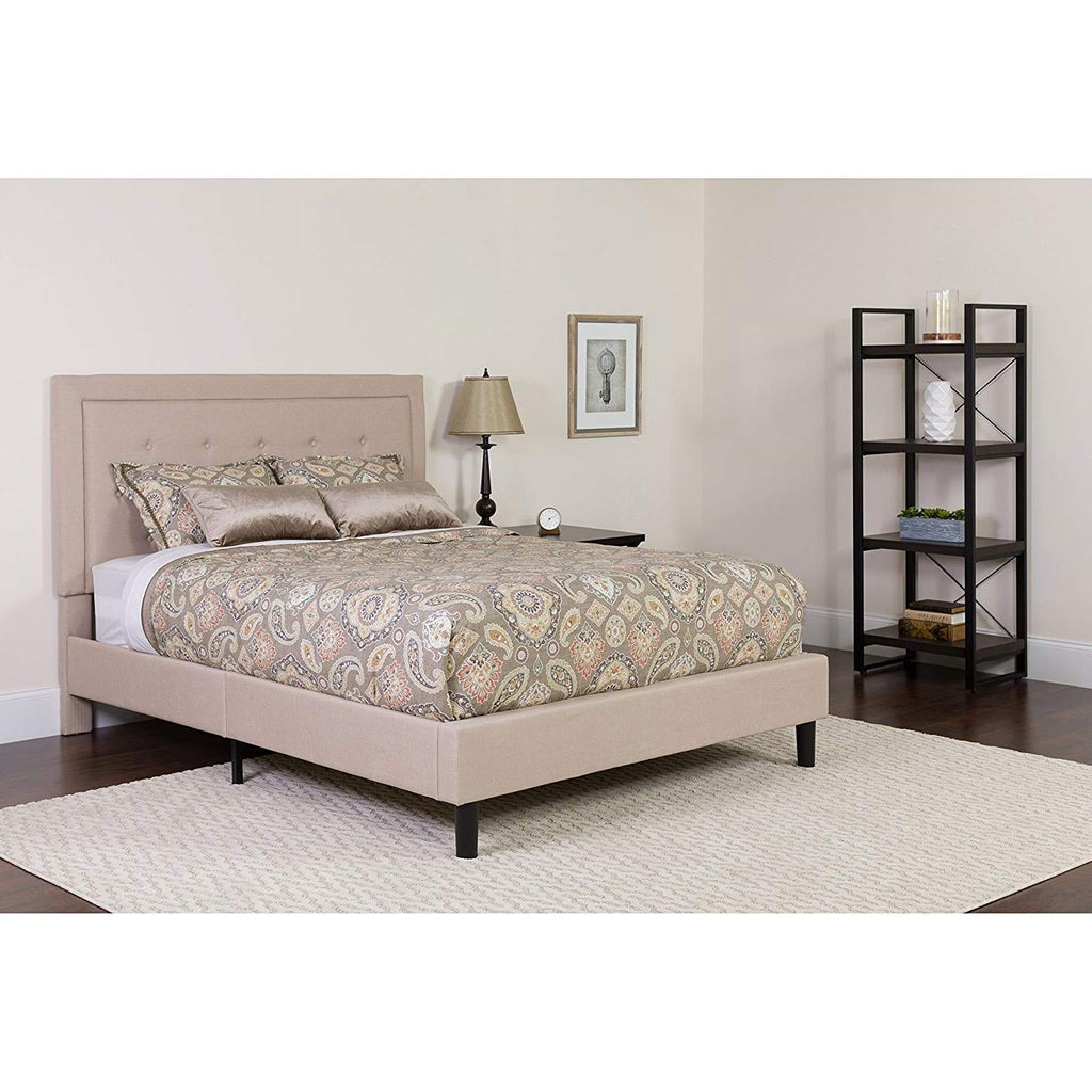 Queen Beige Upholstered Platform Bed Frame with Button Tufted Headboard - Deals Kiosk