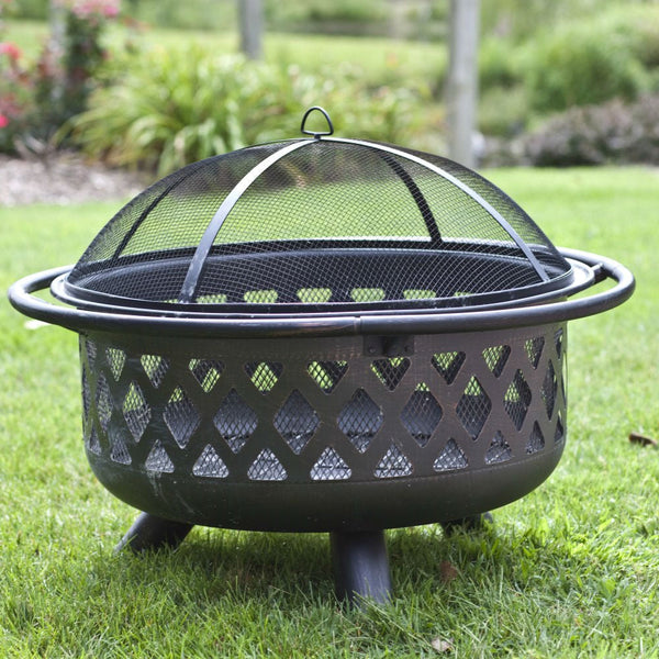 36-inch Bronze Fire Pit with Grill Grate Spark Screen Cover and Poker - Deals Kiosk