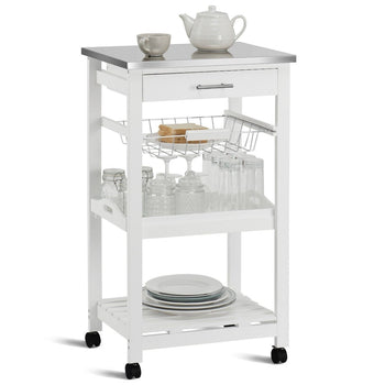 White Kitchen Cart with Storage Drawer and Stainless Steel Top - Deals Kiosk