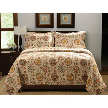 Full / Queen Retro Moon Shaped Floral Medallion Reversible 3 Piece Quilt Set - Deals Kiosk