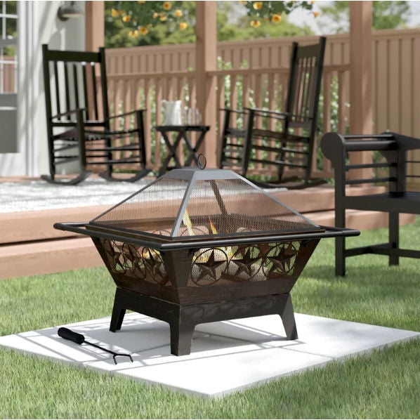 Square Outdoor Steel Wood Burning Fire Pit with Star Design - Deals Kiosk