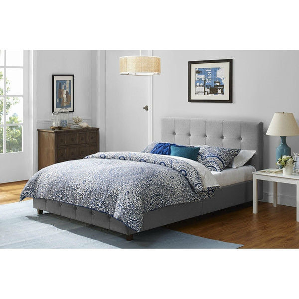 Full size Grey Padded Linen Upholstered Platform Bed with Headboard - Deals Kiosk