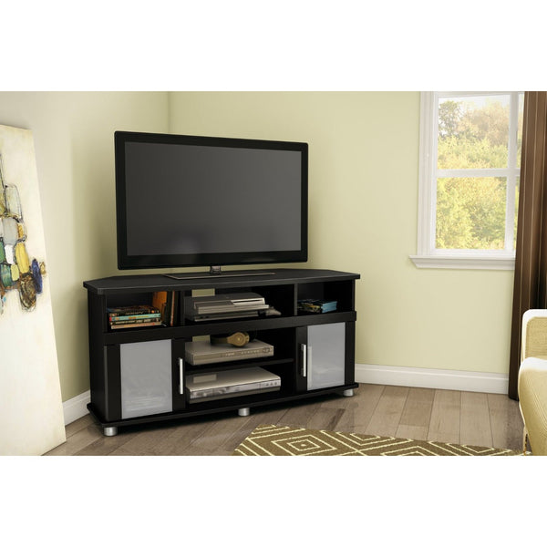 Black Corner TV Stand with Frosted Glass Doors - Deals Kiosk