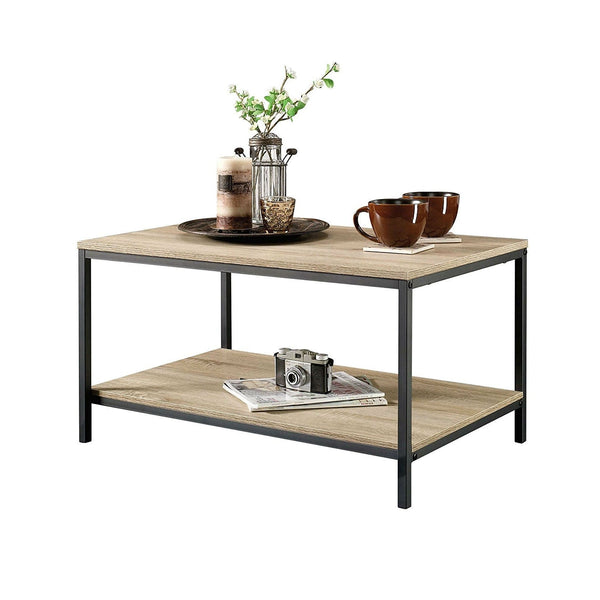 Black Metal Frame Coffee Table with Oak Finish Wood Top and Shelf - Deals Kiosk