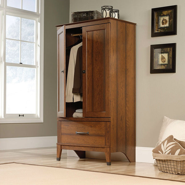 Bedroom Wardrobe Cabinet Storage Armoire in Medium Brown Cherry Wood Finish - Deals Kiosk