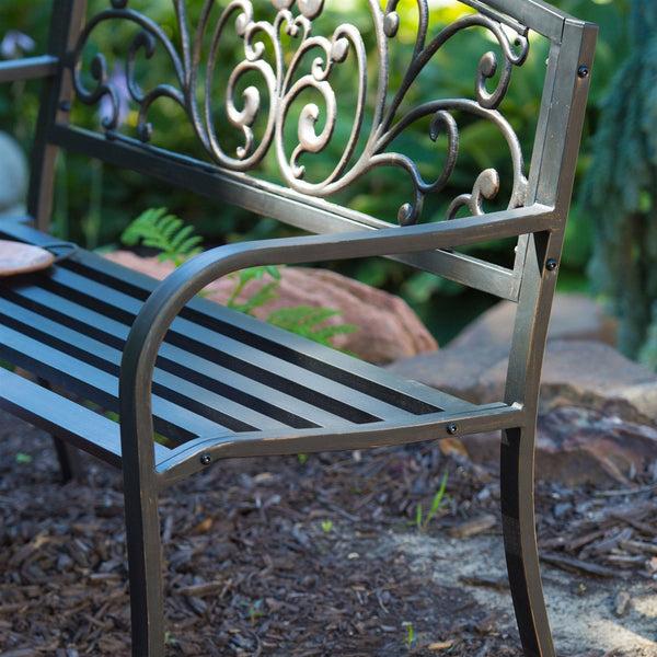 Curved Metal Garden Bench with Heart Pattern in Black Antique Bronze Finish - Deals Kiosk