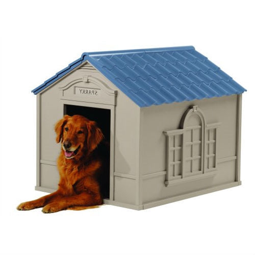 Outdoor Dog House in Taupe and Blue Roof Durable Resin - For Dogs up to 100 lbs
