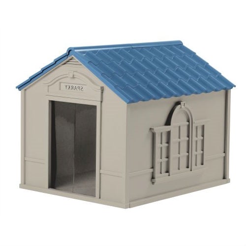 Outdoor Dog House in Taupe and Blue Roof Durable Resin - For Dogs up to 100 lbs - Deals Kiosk