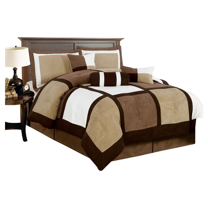 King size 7-Piece Bed in a Bag Patchwork Comforter set in Brown White - Deals Kiosk