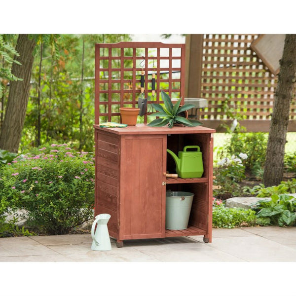 Outdoor Storage Solid Wood Cabinet Potting Bench with Hanging Lattice Trellis - Deals Kiosk