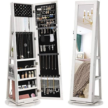 360 Degree Swivel White Wash Full Length Mirror Locking Jewelry Armoire - Deals Kiosk