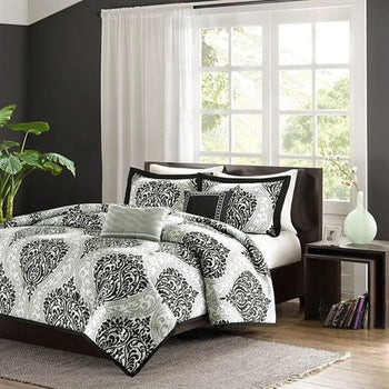 Twin / Twin XL 4-Piece Black White Damask Print Comforter Set - Deals Kiosk