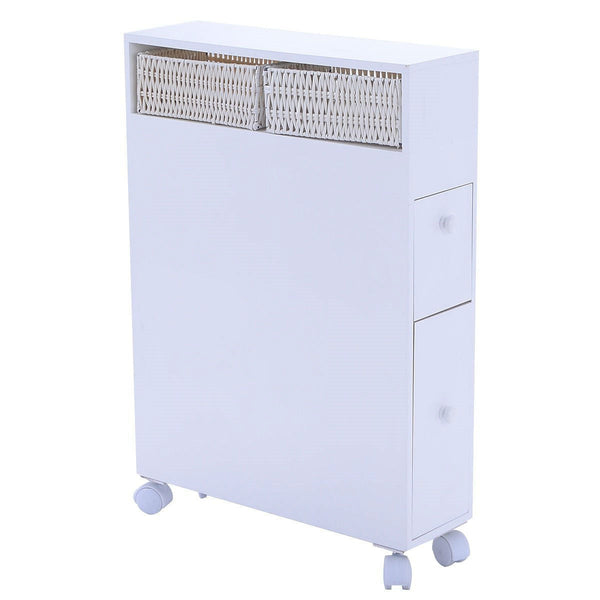 White Bathroom Storage Floor Cabinet with Baskets and Casters - Deals Kiosk