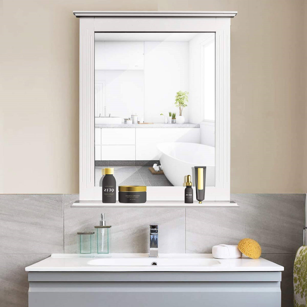 White Rectangle Bedroom Bathroom Vanity Wall Mirror with Bottom Shelf - Deals Kiosk