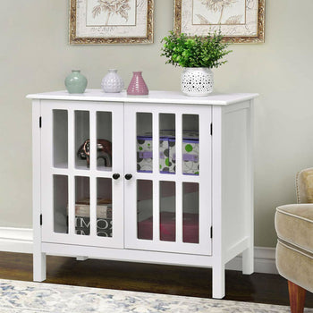 White Wood Bathroom Storage Floor Cabinet with Glass Doors - Deals Kiosk