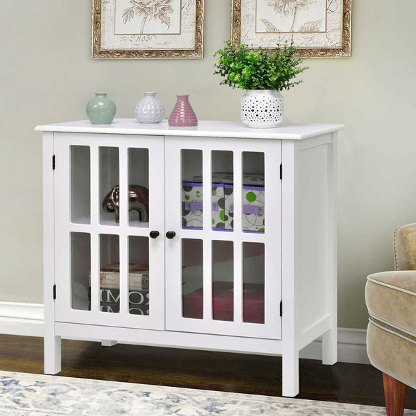 White Wood Bathroom Storage Floor Cabinet with Glass Doors - Deals Kiosk