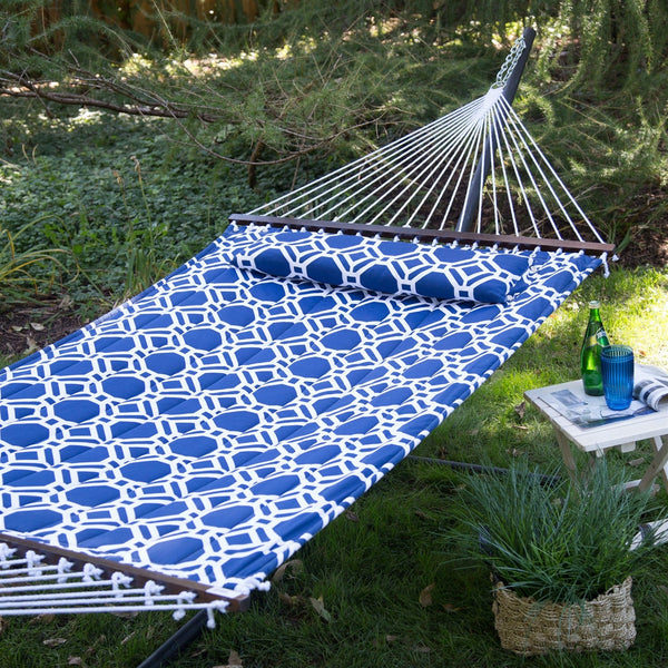Blue White Quilted Hammock with 13-ft Heavy Duty Black Metal Stand - Deals Kiosk