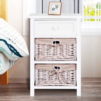 White Wooden 1-Drawer End Table Nightstand with 2 Baskets - Deals Kiosk