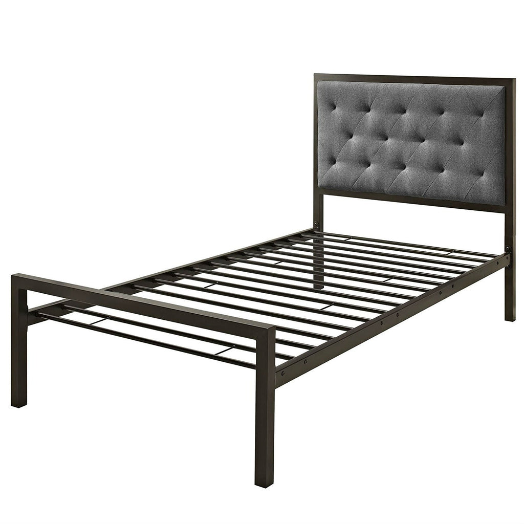 Twin Metal Platform Bed with Gray Fabric Button Tufted Upholstered Headboard - Deals Kiosk
