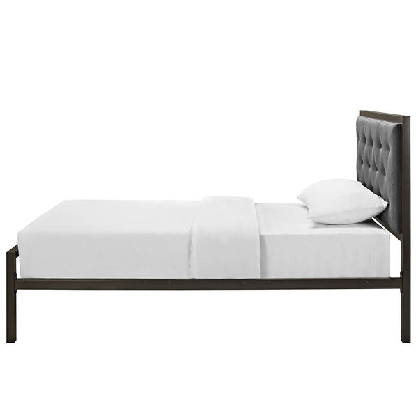 Twin Metal Platform Bed with Gray Fabric Button Tufted Upholstered Headboard - Deals Kiosk