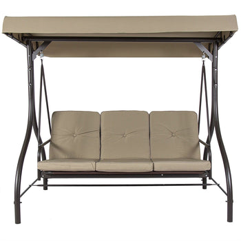 Tan 3-Seat Outdoor Porch Deck Patio Canopy Swing with Cushions - Deals Kiosk