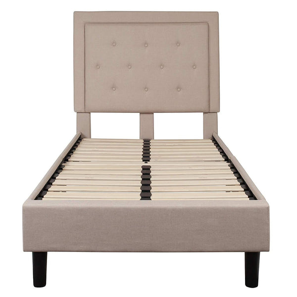 Twin Beige Fabric Upholstered Platform Bed with Button Tufted Headboard - Deals Kiosk