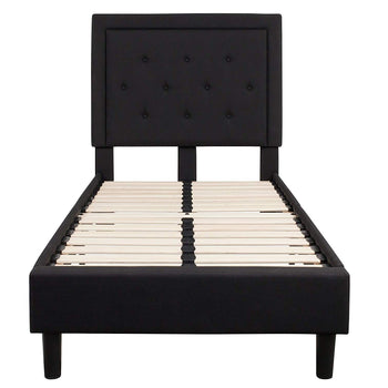 Twin Black Fabric Upholstered Platform Bed Frame with Tufted Headboard - Deals Kiosk