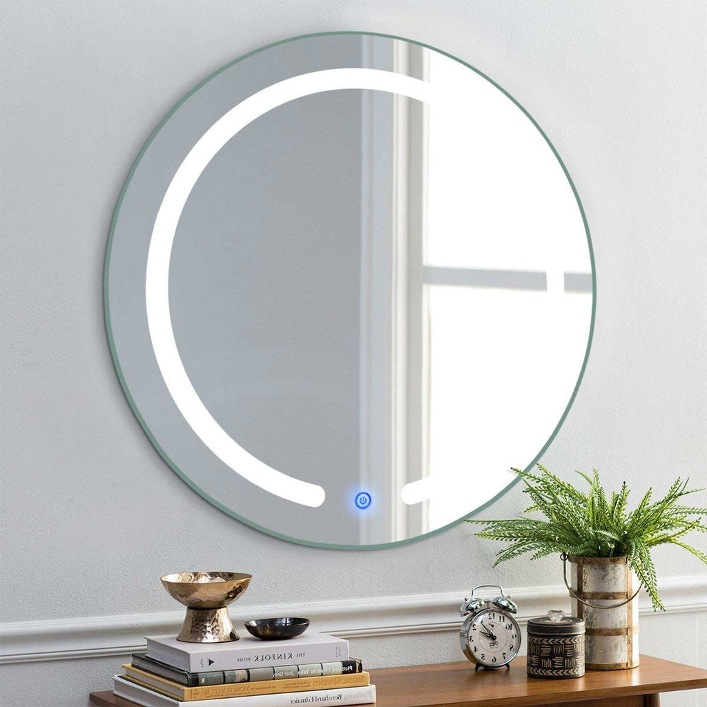Modern 20-inch Round Bathroom Wall Mirror with Touch Button LED Light - Deals Kiosk