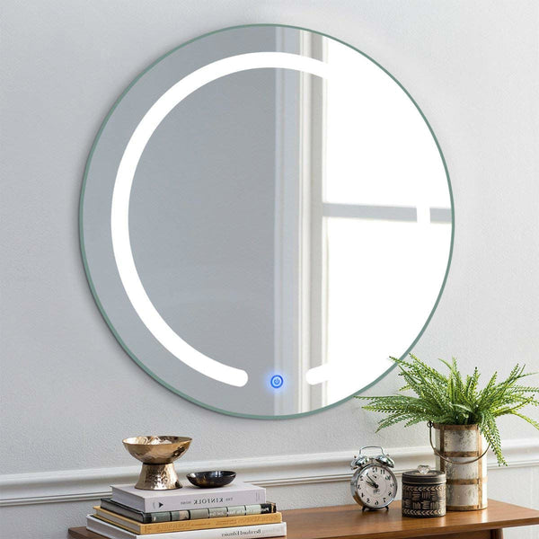 Modern 20-inch Round Bathroom Wall Mirror with Touch Button LED Light - Deals Kiosk