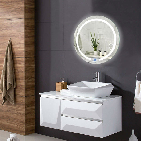Modern 20-inch Round Bathroom Wall Mirror with Touch Button LED Light - Deals Kiosk