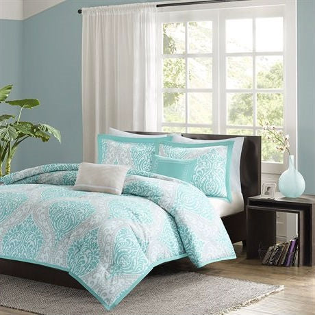Twin / Twin XL Aqua Teal Turquoise Blue White Modern Damask Comforter Set - Deals Kiosk