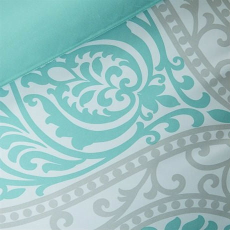 Twin / Twin XL Aqua Teal Turquoise Blue White Modern Damask Comforter Set - Deals Kiosk
