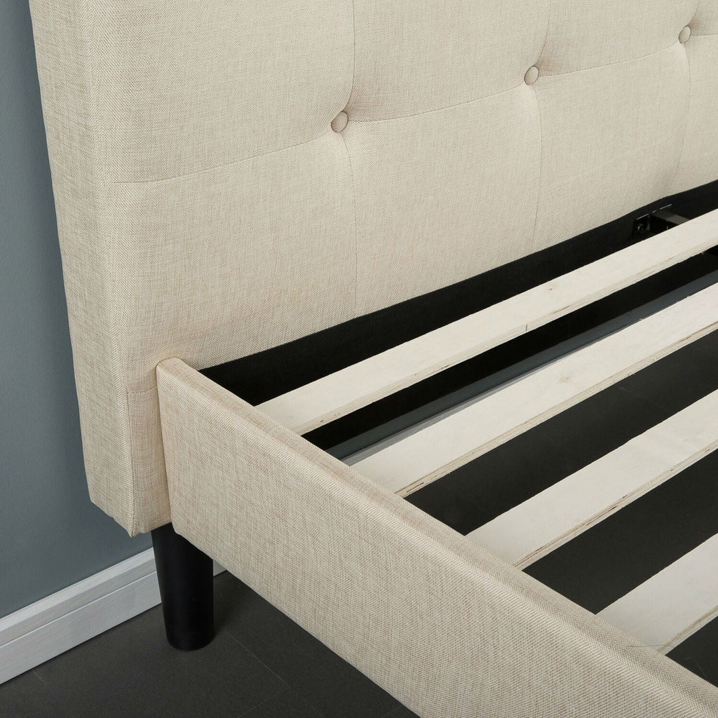 Full size Taupe Beige Upholstered Platform Bed Frame with Headboard - Deals Kiosk