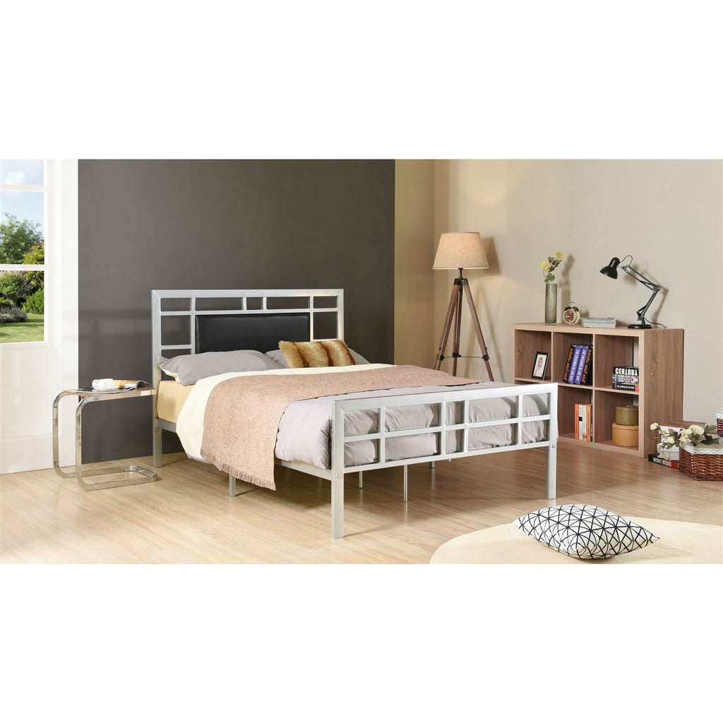 Full size Silver Metal Platform Bed Frame with Upholstered Headboard - Deals Kiosk