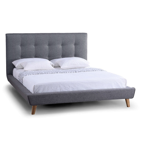 King Modern Grey Linen Upholstered Platform Bed with Button Tufted Headboard