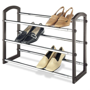 Expandable 3 Tier Shoe Rack in Faux Leather and Chrome - Deals Kiosk