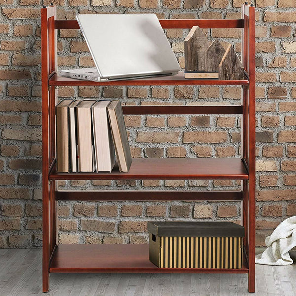 3-Shelf Folding Storage Shelves Bookcase in Walnut Wood Finish - Deals Kiosk