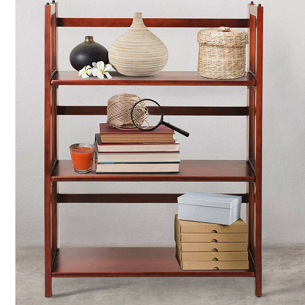 3-Shelf Folding Storage Shelves Bookcase in Walnut Wood Finish - Deals Kiosk