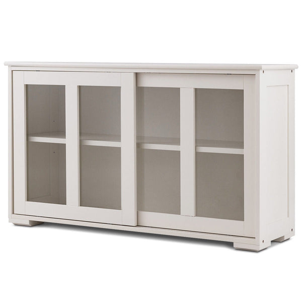 Modern White Wood Buffet Sideboard Cabinet with Glass Sliding Door - Deals Kiosk